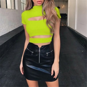 Gothic Chest Hollow Out Sexy Women T-shirt Crop Top Green Black Solid Slim Tank Tops Tee Shirt Female Casual Camis
